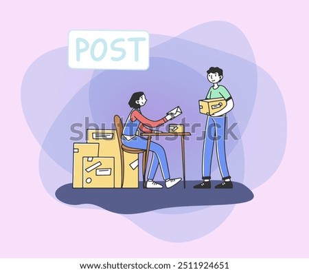 Post office worker giving letter and parcel to boy flat vector illustration. Postwoman  serving customer. Clients standing with parcel box. Delivery department, post office concept.