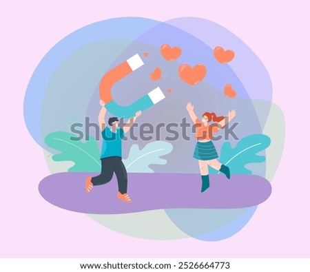 Man attracting hearts with magnet and happy woman. Male character attracting female flat vector illustration. Love, romance, relationship concept for banner, website design or landing web page