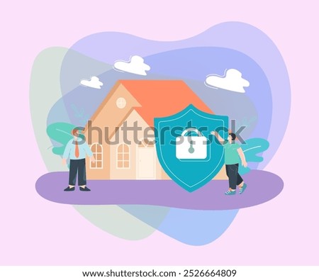 Huge shield protecting house flat vector illustration. Tiny man protecting his property. Safety, protection, insurance, defense concept for banner, website design or landing web page