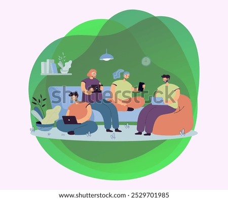 Group of friends with digital devices meeting at home, sitting together. People using laptops, tablet, mobile phone for internet and social media browsing, For communication, public access concept