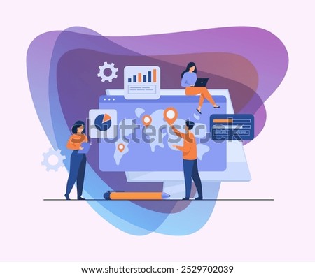 Group of professionals analyzing international map with pointers and charts. Team doing global business research. Vector illustration for marketing, analysis, worldwide extension concepts