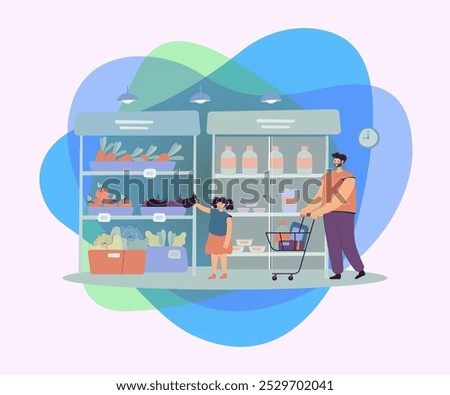 Happy father and daughter buying food in supermarket flat vector illustration. Cartoon dad wheeling shopping cart. Girl taking vegetable from aisle. Grocery store and parenthood concept