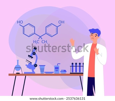 Ecological lab scientist troubled about exceeds of safety levels of bisphenol. Plastic tableware, drinking straws, microscope on lab table. Environment, population concept