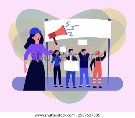 Workers on strike over payment and working conditions. People in uniforms protesting against unfair treatment, professional union vector illustration. Demonstration, labor, workforce concept