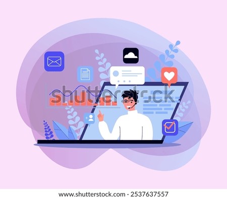 Laptop with support operator on monitor and toolbox vector illustration. Graphs, Like, e-mail, check mark icons on background. Online consultation concept