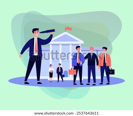 Government official or lawyer looking through spyglass. Public sector workers with briefcases in front of government building with flag vector illustration. Public sector, government, society concept