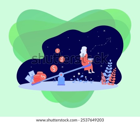 Woman with laptop earning money passively vector illustration. Cartoon drawing of woman with financial freedom and growth, success and investment. Passive income, finances, investment concept