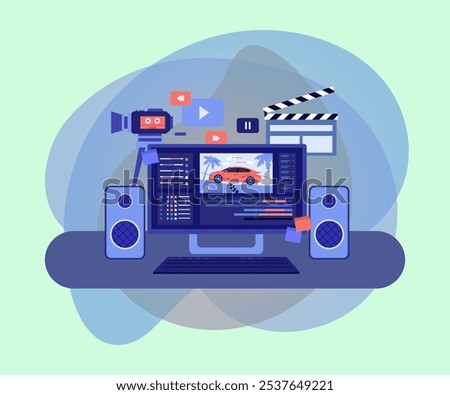 Camera, audio system, clapboard, computer vector illustration. Digital art and animation studio concept