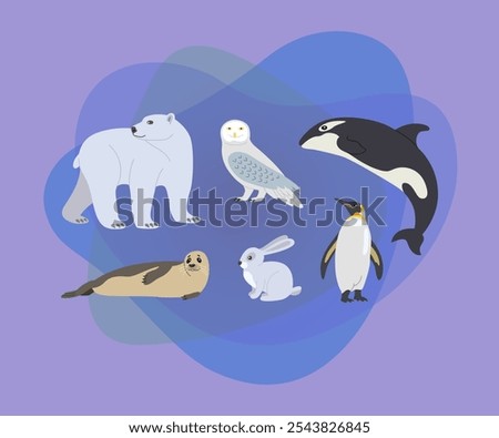 Cute arctic animal cartoon character vector illustrations set. Polar bear, penguin, seal, hare, owl, killer whale, fauna of North Pole isolated on white background. Winter, wildlife, nature concept