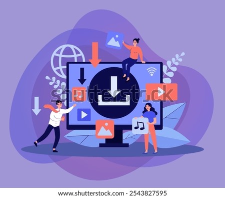 Multimedia content upload interface. Internet users downloading music, video piratic files. Tiny people at computer screen. Flat vector illustration for torrent data, digital content sharing concept