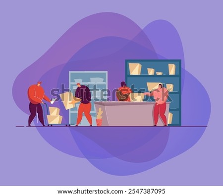 Post worker giving package to customer in post office flat vector illustration. Cartoon couriers removing boxes from handcart. Delivery service, logistics and mail shipping concept