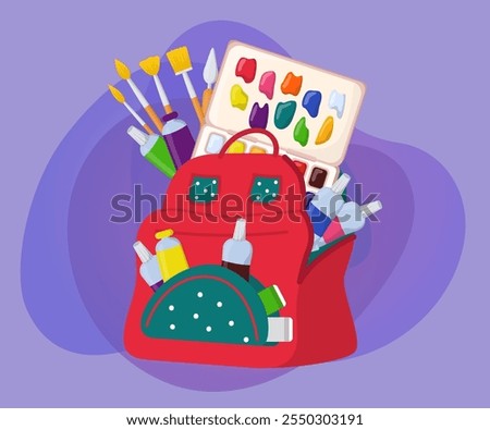 Backpack filled with art equipment vector illustration. Watercolor paints, paint tubes, brushes, erasers and palette in school bag for art classes. Art, hobby, self-expression concept