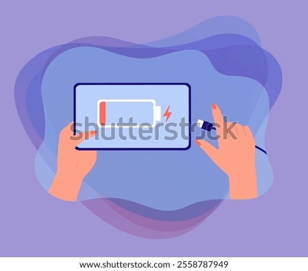 Female hands holding tablet with low battery symbol on screen. Person holding USB charger cable flat vector illustration. Technology, energy concept for banner, website design or landing web page