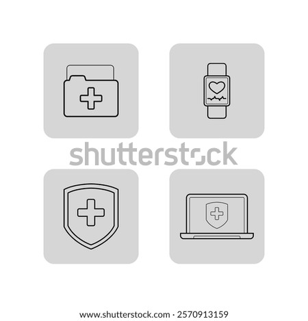 Technology in medicine line icon set. Smartwatch checking heart rate, laptop with medical shield, folder with medical reports, shield with cross. Medicine and gadgets concept for web design and apps