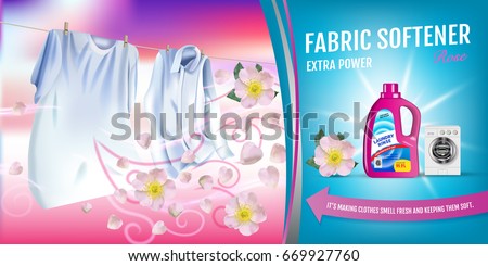 Rose fragrance fabric softener gel ads. Vector realistic Illustration with laundry clothes and softener rinse container. Horizontal banner Foto stock © 