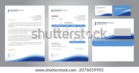 
set of letter head, invoice, business card and envelope with blue footer