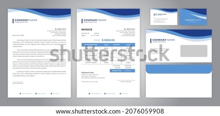 
set of letter head, invoice, business card and envelope with blue header