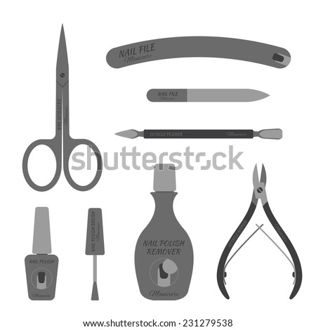 Set of of isolated accessories for nail care - manicure and pedicure. Scissors, nail files, cuticle pusher, cuticle nipper, nail polish, nail polish brush, nail polish remover. Vector illustration