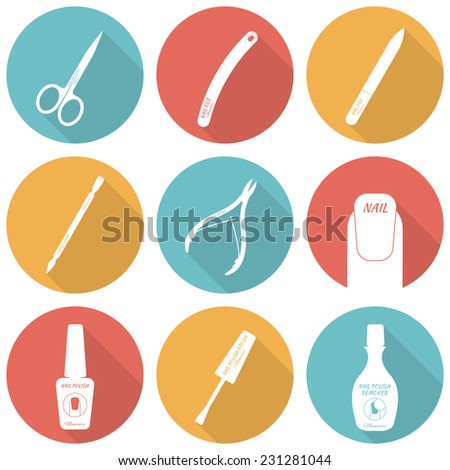 Set of flat icons of accessories for nail care - manicure and pedicure. Scissors, nail files, cuticle pusher, cuticle nipper, nail polish, nail polish brush, nail polish remover. Vector illustration