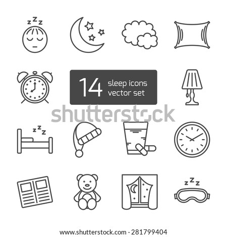 Set of isolated sleeping thin lined outlined icons. Vector signs for design of apps, interfaces, web sites, banners, presentations, etc.