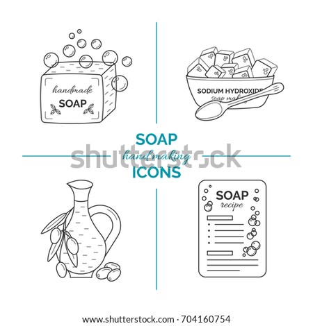 Set of vector thin line icons of handmade soap production. Concept of home soap bar making hobby with stages, equipment and ingredients for organic and natural cosmetics manufacturing.