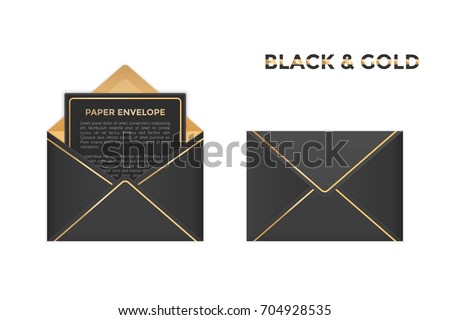 Vector opened and closed black and gold envelopes. Isolated on transparent background mockup template of black paper envelope with gold for business letter, advertisement, invitation cards or money.