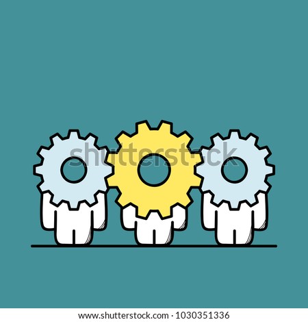 Funny cute men with gear wheels or pinions instead of the heads. Leader or chief with team, leadership, teamwork and joint work cartoon vector illustration.
