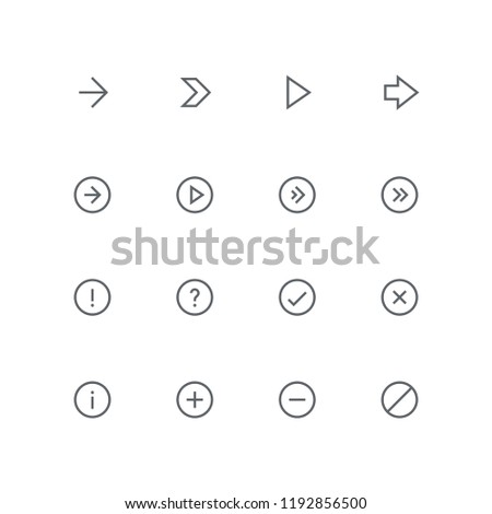 Main outline icon set - arrows, exclamation and question mark, tick, cross, information, plus, minus and delete symbol. Different design elements and vector signs.