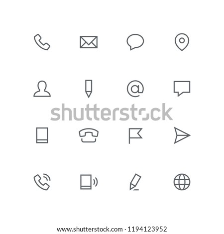 Main outline icon set - phone, envelope, chat, address, man, pen, mail, message, mobile, flag, airplane and globe symbol. Contacts and business vector signs.