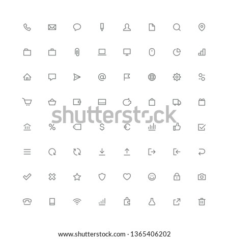 Total rounded icon set - phone, mail, message, file, search, gear, home, graph, arrows, shopping cart and other symbols. Contacts, office, business and finance, internet and website outline vector.