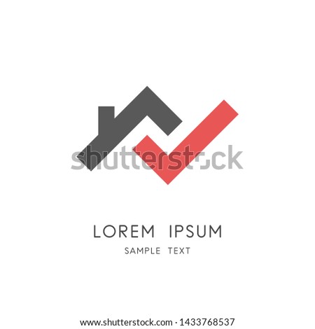 Home check logo - house roof with chimney and red check mark or tick symbol. Real estate and realty vector icon.