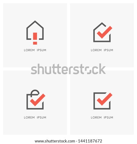 House and exclamation point, home and check mark, checkbox and shopping bag with tick symbol -  real estate and realty, store and purchase icons.
