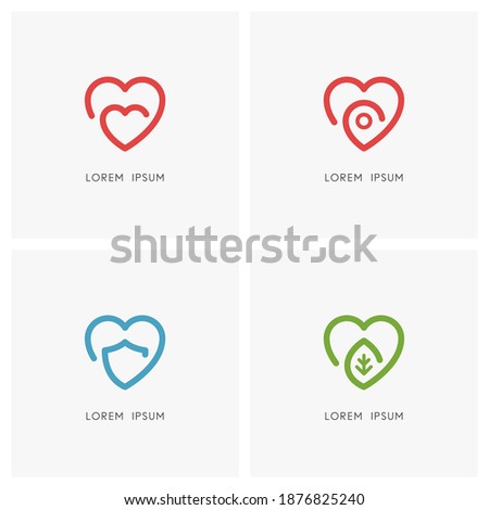 Love outline logo set. Heart, address pointer, shield and green leaf symbol - health care, mother and child, social work, protection and safety, favorite place, nature, ecology and environment icons.