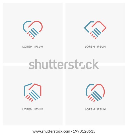 Handshake outline logo set. Shake hands, heart, shield, square and circle symbol - business partnership, cooperation and teamwork, love and relationship, protection and safety icons.