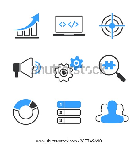 SEO simple vector icon set - graph, computer, target, megafon, wheels, search, diagram, position and clients