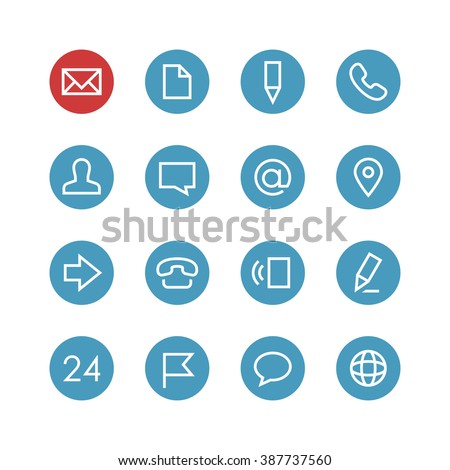 Contacts vector icon set - different symbols on a round blue background.