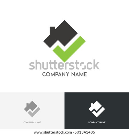 Real estate logo - house with chimney on the roof and check mark square symbol on the white background