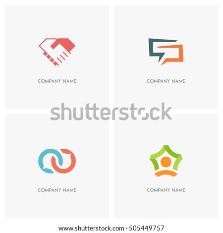 Team work and conversation vector logo. Business handshake, two hands make a deal, dialog and chat symbols, person and star shape - teamwork, agreement and success icons.