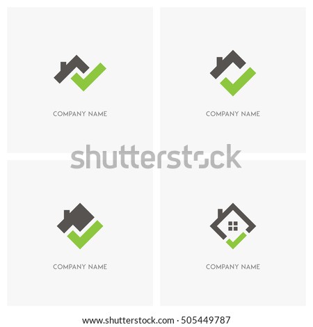 Real estate with check mark vector logo. Home with window and chimney on the roof, house with tick or checkmark symbol - realty icons.
