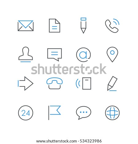 Contacts thin and colored outline icon set. Envelope, document, pencil, telephone, man, chat, email, address, arrow, flag and globe simple symbols on the white background.