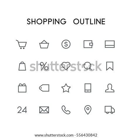 Shopping outline icon set - cart, basket, money, wallet, credit card, heart, search, favorites, gift, price, phone, mail, car and others simple vector symbols. Internet store and shop signs.