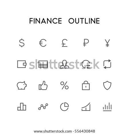 Finance outline icon set - dollar, euro, pound, ruble, yen, wallet, credit card, exchange, lock, shield, statistics, graph and others simple vector symbols. Bank, money and currency signs.