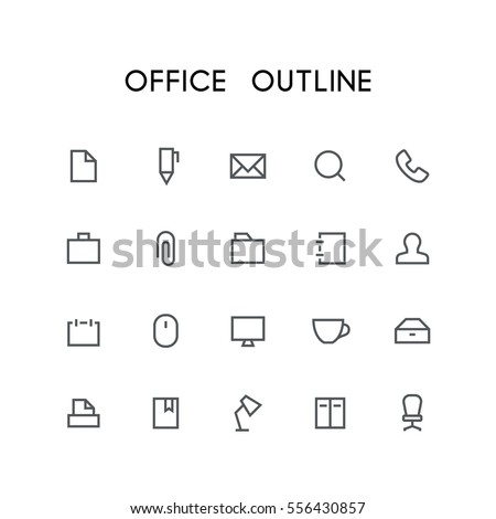 Office outline icon set - search, pen, document, phone, mail, briefcase, folder, paperclip, notepad, man, mouse, computer, printer, book and others simple vector symbols. Business and work signs.