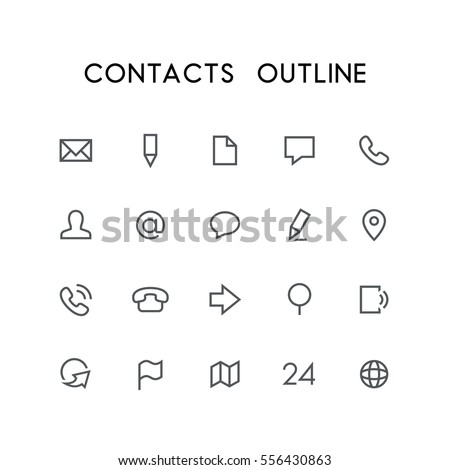 Contacts outline icon set - envelope, pencil, document, phone, chat, mail, man, arrow, globe, map, address  and others simple vector symbols. Website and business signs.