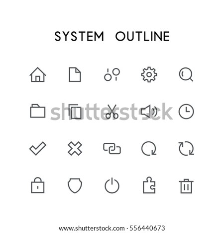 System outline icon set - home, file, settings, gear, search, folder, copy, scissors, sound, clock, check mark, delete, link, refresh, lock, shield and others simple vector symbols. Computer signs.