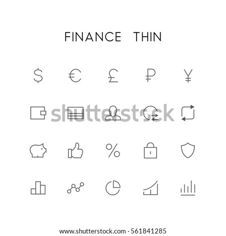 Finance thin icon set - dollar, euro, pound, ruble, yen, wallet, credit card, exchange, lock, shield, statistics, graph and others simple vector symbols. Bank, money and currency signs.