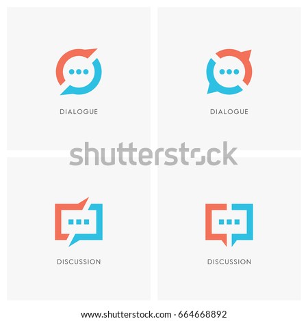 Dialogue and discussion logo set. Split chat symbol, two speakers have a conversation  - communication, business and teamwork icons.