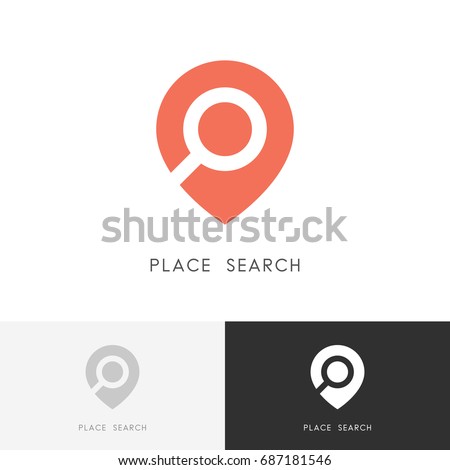 Place search logo - address pointer and loupe or magnifier symbol. Travel agency and location map vector icon.
