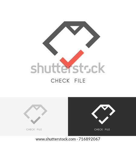 Check file logo - page or document with red checkmark or tick symbol. Business, contract and agreement vector icon.