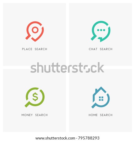 Search logo set. Address pointer, chat, dollar sign, home or house and loupe or magnifier symbol - place, location and destination, dialogue, conversation and discussion, finance and realty icons.